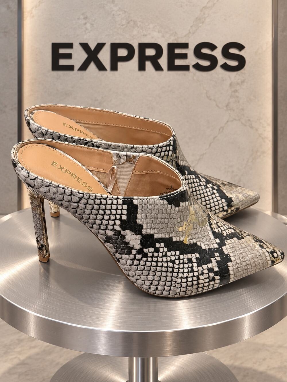 Express Snake Print Pointed Toe Mule Heels Black Gray Women’s Size 6